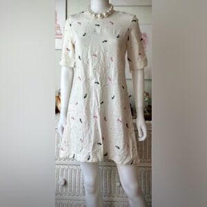 & Other Stories Modest Mini shift dress Linen abstract print on cream size 8